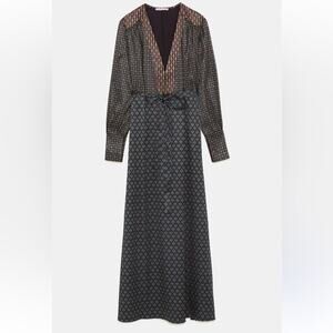 Zara Printed Satin Long Sleeve Plunging Neckline Dress Medium